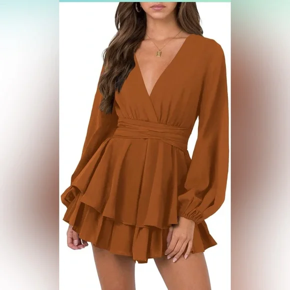 Long Sleeve Tie Waist Ruffle Hem Flowy Swing Mini Short Wrap Dress Long Sleeve Tie Waist Ruffle Hem Flowy Swing Mini Short Wrap Dress